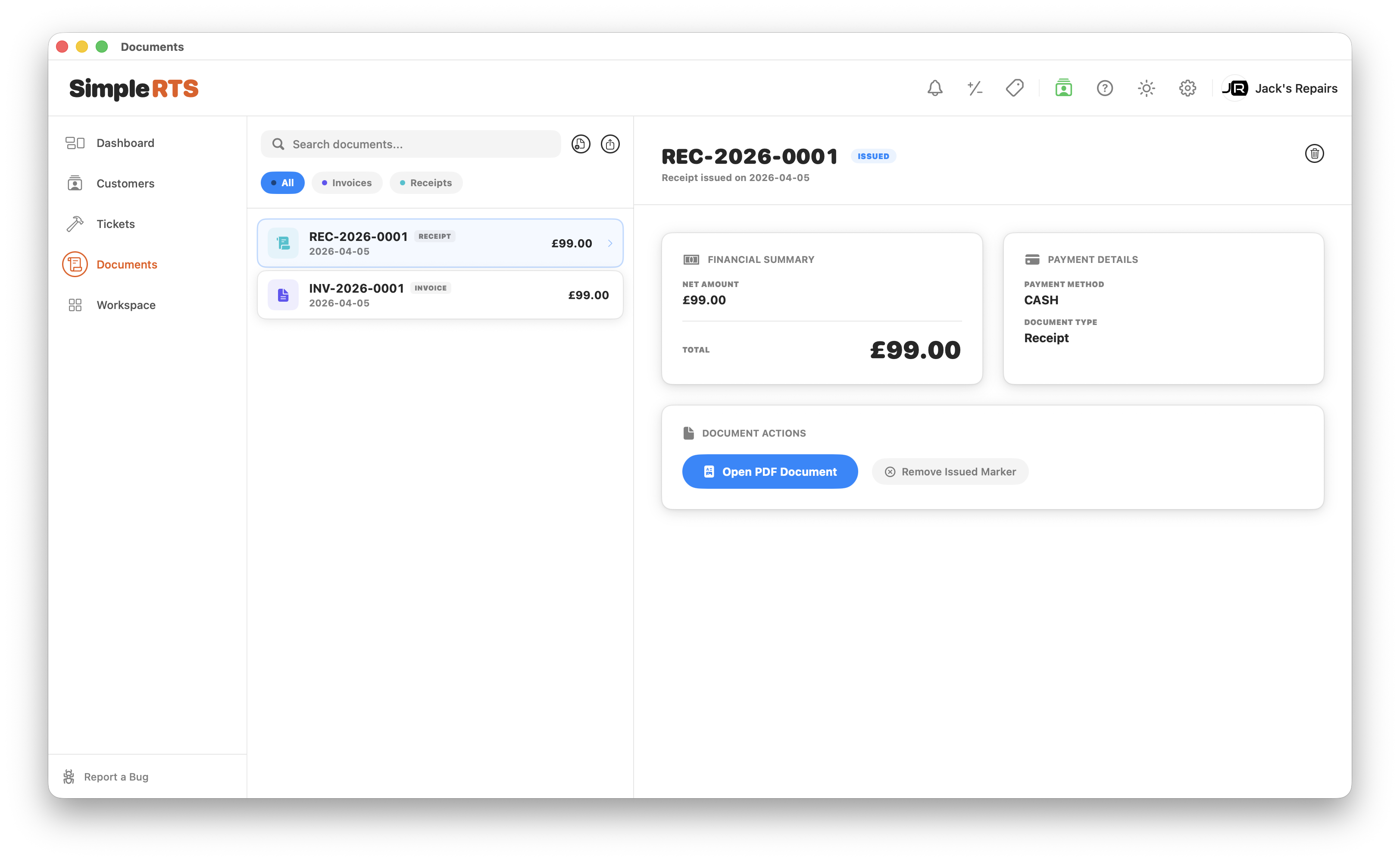 SimpleRTS documents and receipts