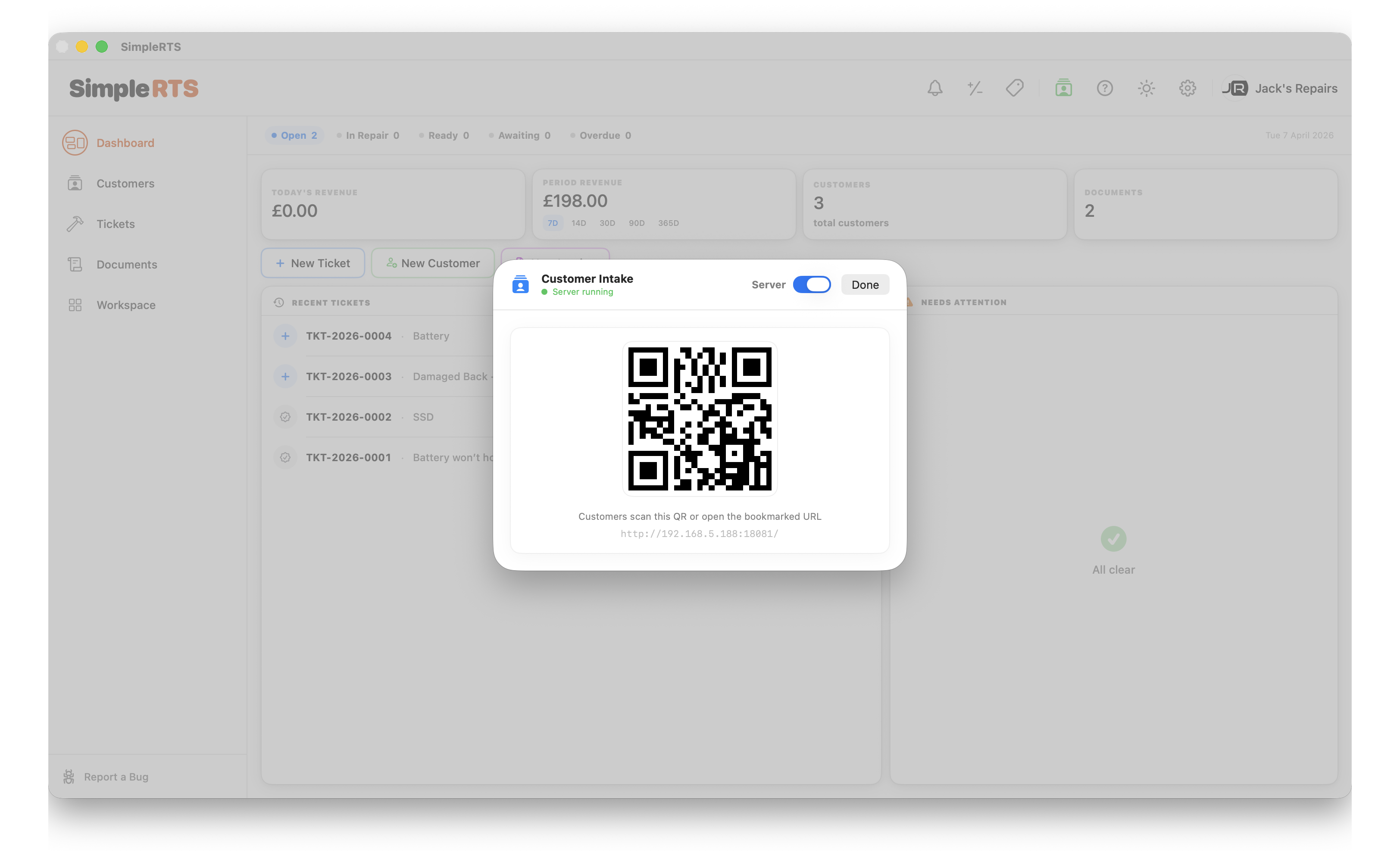 SimpleRTS customer intake QR code